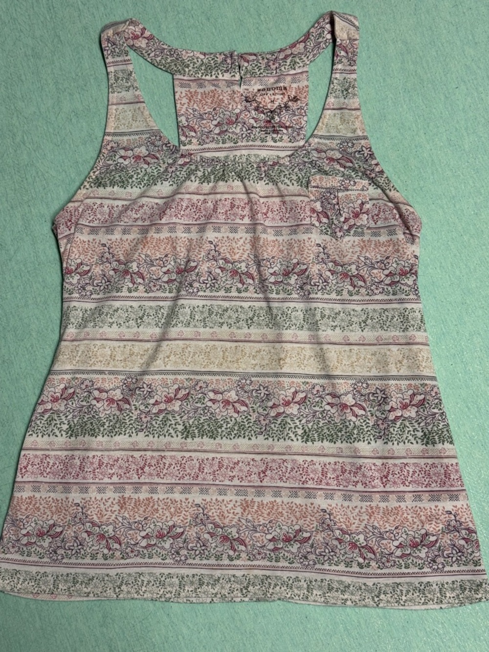 Sonoma Lifestyle M button back tank top floral print stripe linen polyester EUC
